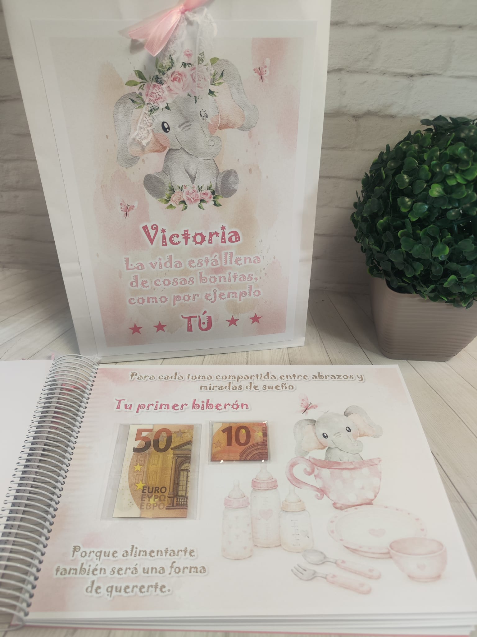 Libro para regalar dinero en nacimiento Modelo elefante rosa - Imagen 7