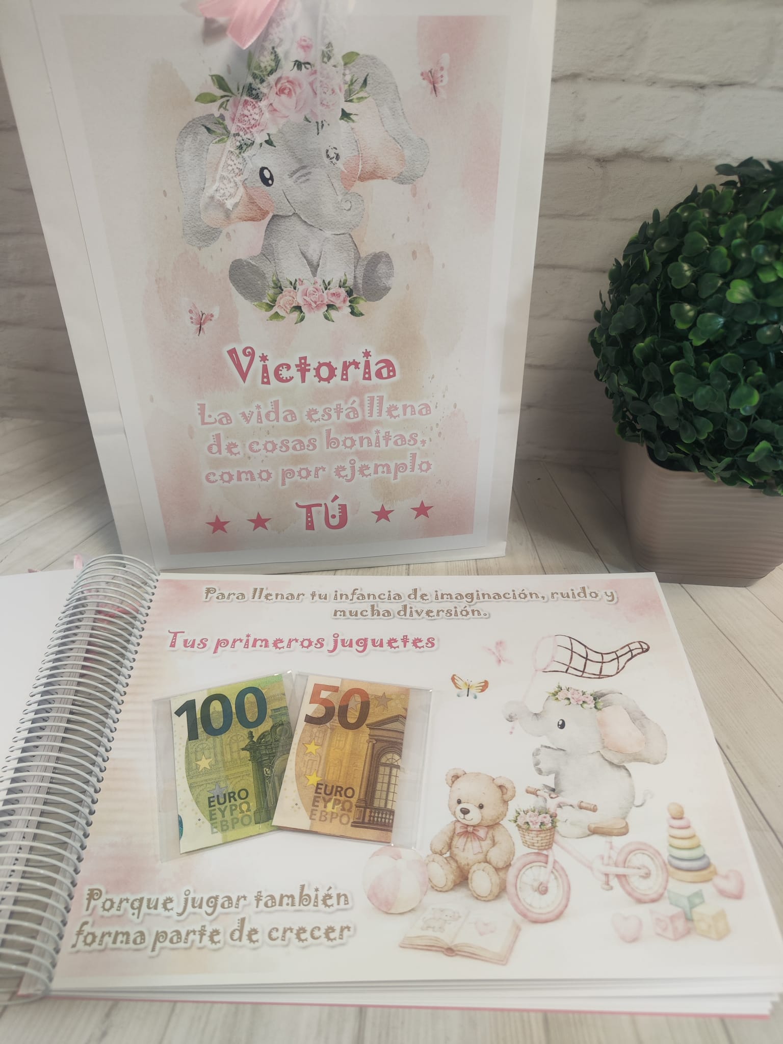 Libro para regalar dinero en nacimiento Modelo elefante rosa - Imagen 9
